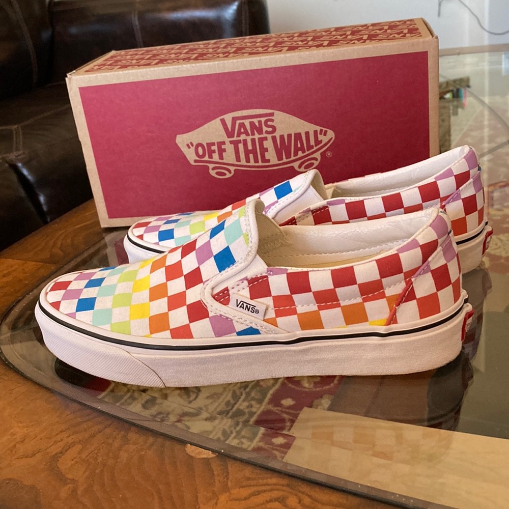 classic slip-on checkerboard Vans, color: Rainbow